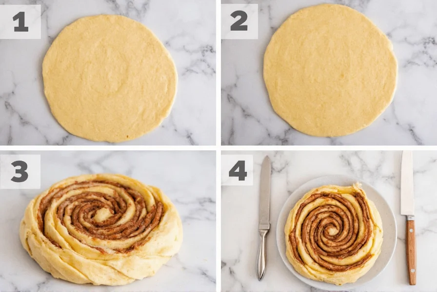 Step-by-step process of making cinnamon roll birthday cake showing dough rolling and spiral formation