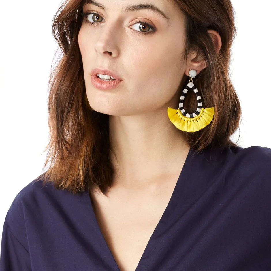 

Amazon Hot sale Fan shaped Fringed Marble Stud Earring Handmade Multi color Silk Tassel Earrings