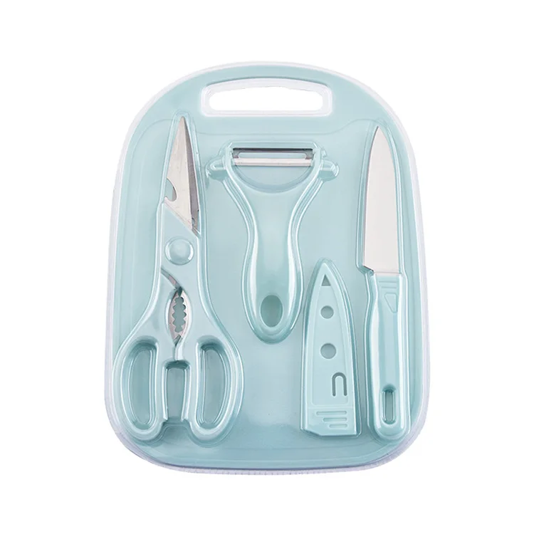 

2020 New Products Wholesale Amazon Hot Sale Eco-friendly Plastic Chopping Board with vegetable peeler and Knife 4pcs Set, Green pink sky blue