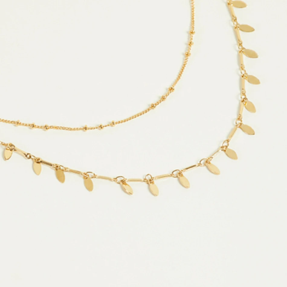 

18k gold plated jewelry necklace 925 sterling silver double chain necklace with bead and leaf