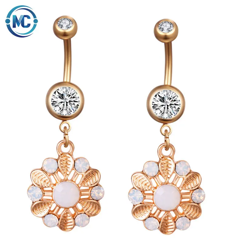 

Drop shipping service gold plated Navel Piercing crystal flower charm pendant Belly Button Rings