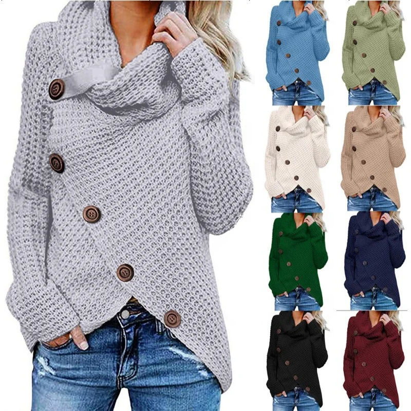 

2020 Fashion New Sweater Buttoned Wrap Cardigans Casual Plus Size Female Knitwear Turtleneck Soft Winter Women Sweaters Pullover, Solid