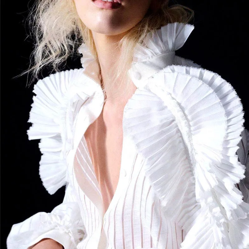 

A4216 Wholesale White Long Sleeve Ruffle Casual Women Fall Blouses