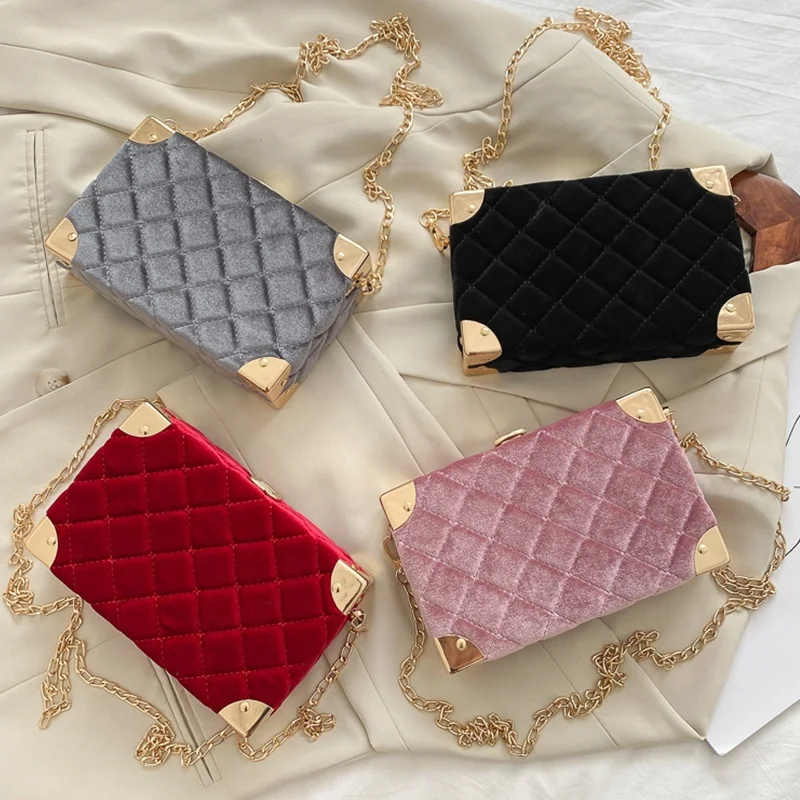 

Women Sling Gold Chain Purse Velvet Box Small Clutch Handbag Fashion Crossbody Ladies Shoulder Bag, Black,pink,red,grey