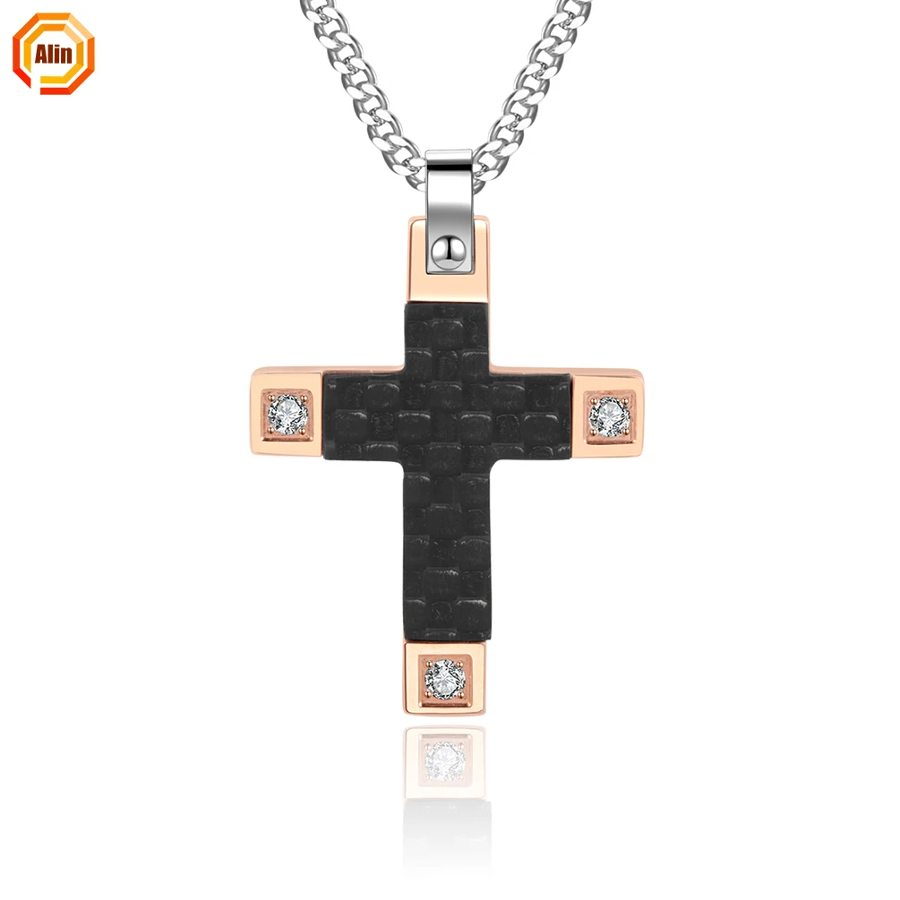 

2021 stainless steel 316L hammer inlay zircon elegant cross necklace fashion rosegold&black plating necklace for men