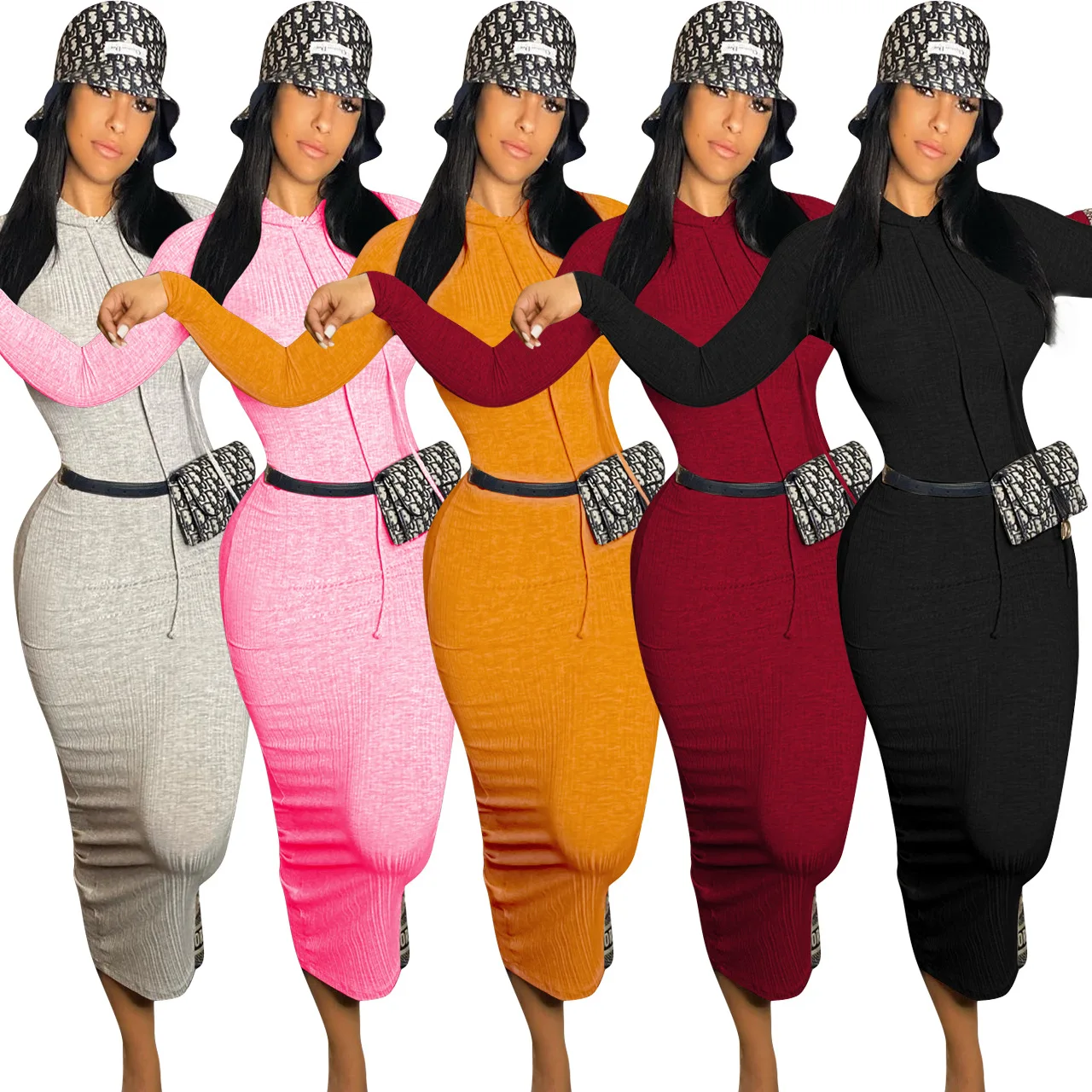 

Hot sale Stylish sexy Solid Color Long Sleeve Hoodie Casual Dress Women maxi Dresses