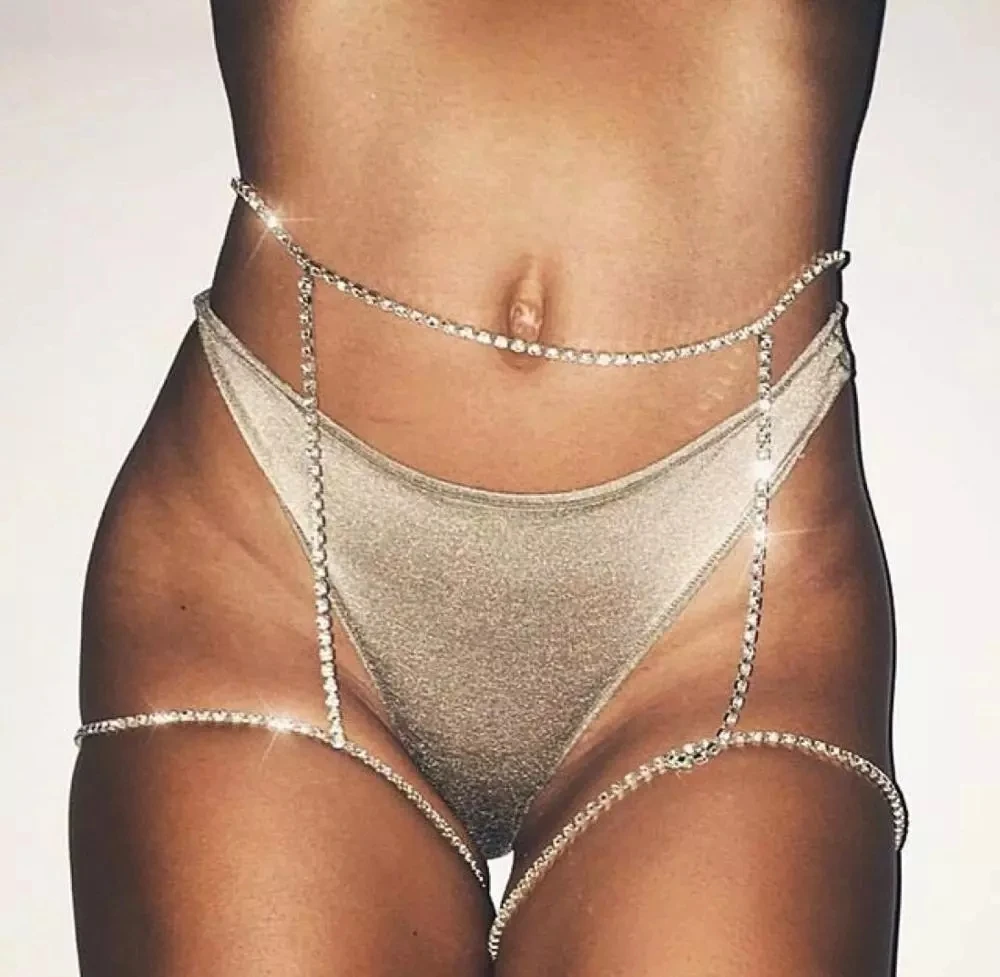 

Summer Beach Sexy Body Jewelry For Women Gold Silver Color Crystal Rhinestone Thigh Leg Bikini Belly Chain Iced Body Waist Chain