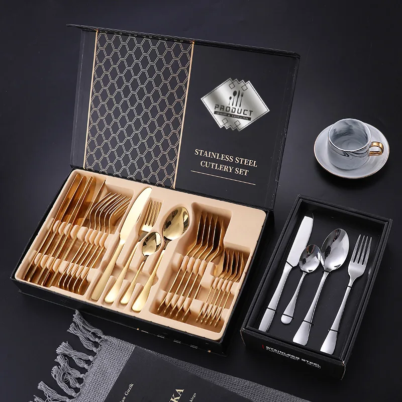 

Amazon Knife Spoon Fork Set Gold Cutlery Stainless Steel Flatware Set 24 pcs Cutlery Set With Box