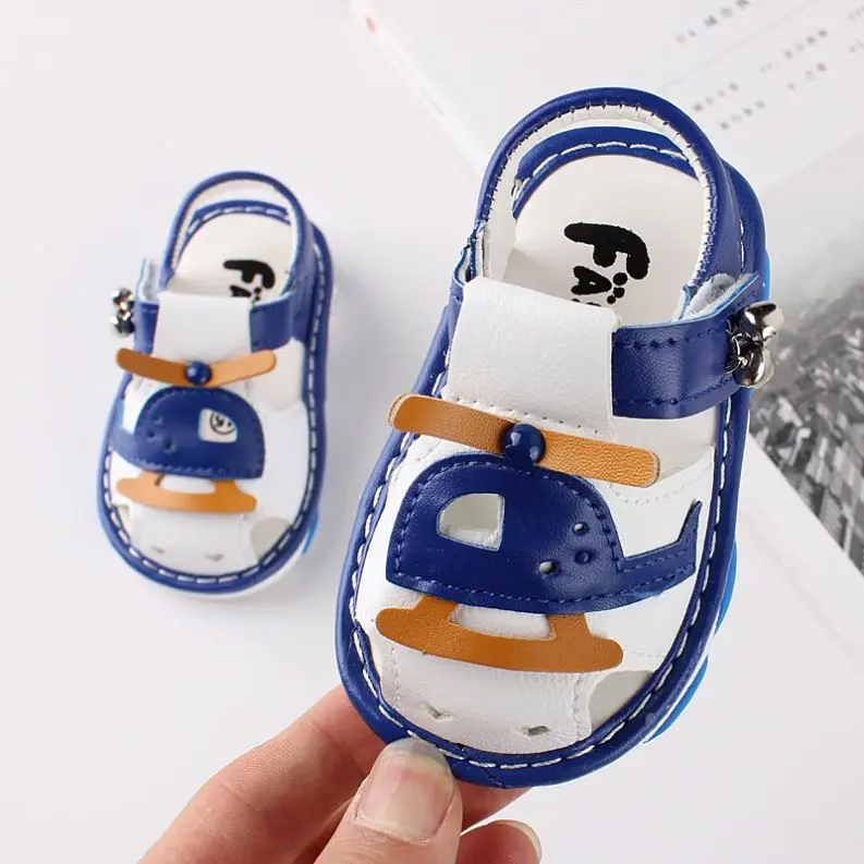 

Cartoon helicopter soft sole baby leather sandals walking shoes with sound, Red/blue