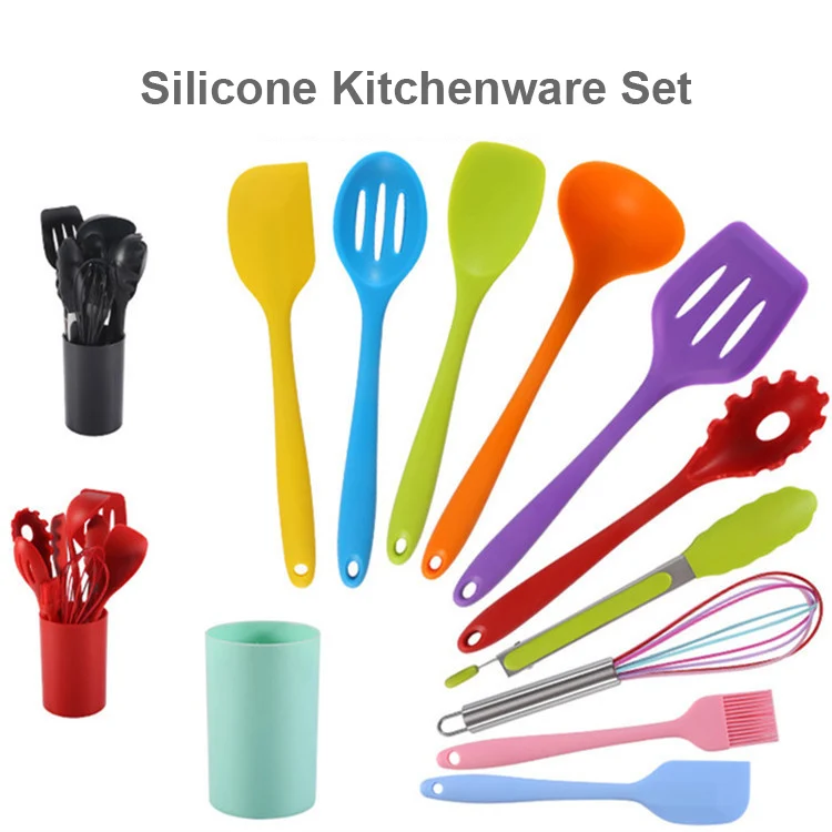 

Amazon Hot Sale All Silicone Kitchenware Cookware Sets Kitchen Utensils Set Wall Hanging, Red/black/mix color