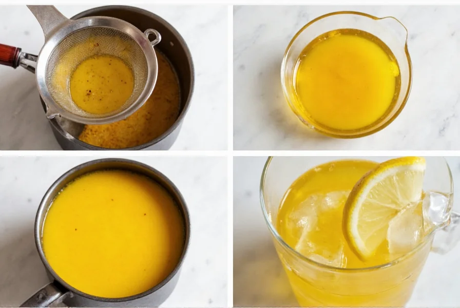 Turmeric water preparation process showing simmering pot, straining, and final glass with lemon garnish