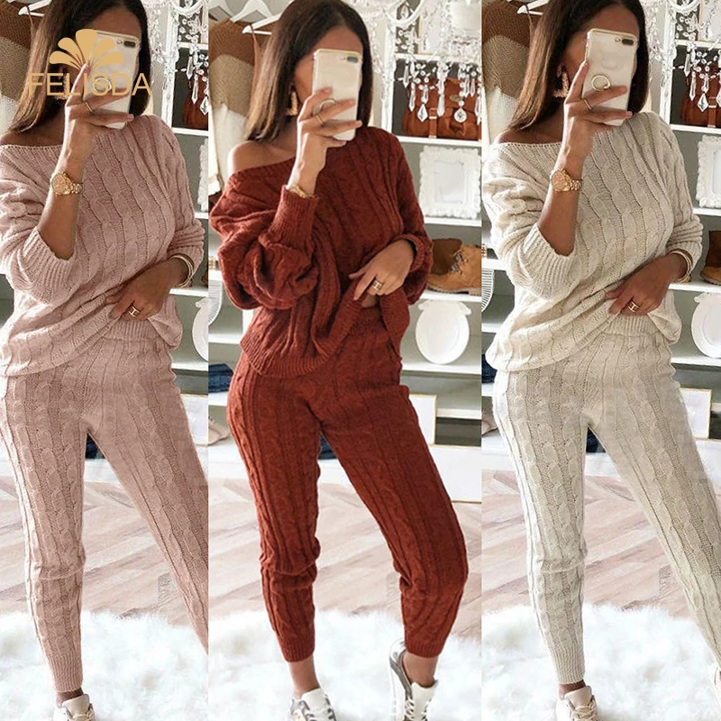 

Knitted Two Piece Set Women Long Sleeve Top And Long Pants Sexy Winter Sweater Two Piece Set