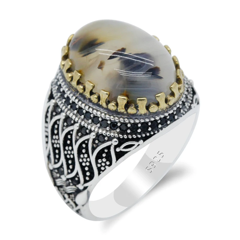 

Silver Men Rings Turkish Handicraft in 925 Sterling Silver with Grey Natural Agate Islamic Jewelry