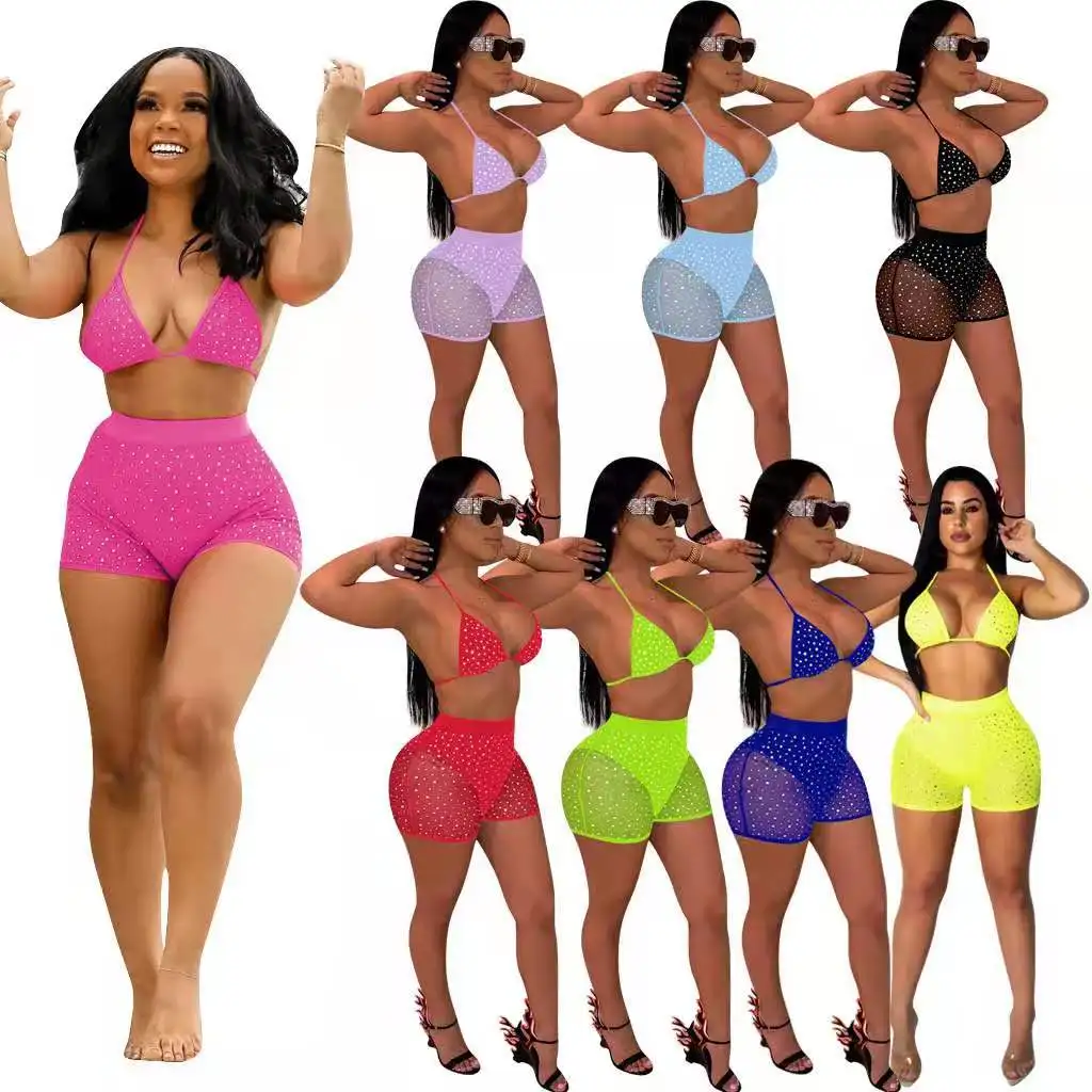 

2020 new arrivals Fashion Women Sexy Bikini Shoulder Strap Sequined Mesh 2 Pieces Set Swimwear, Picture show
