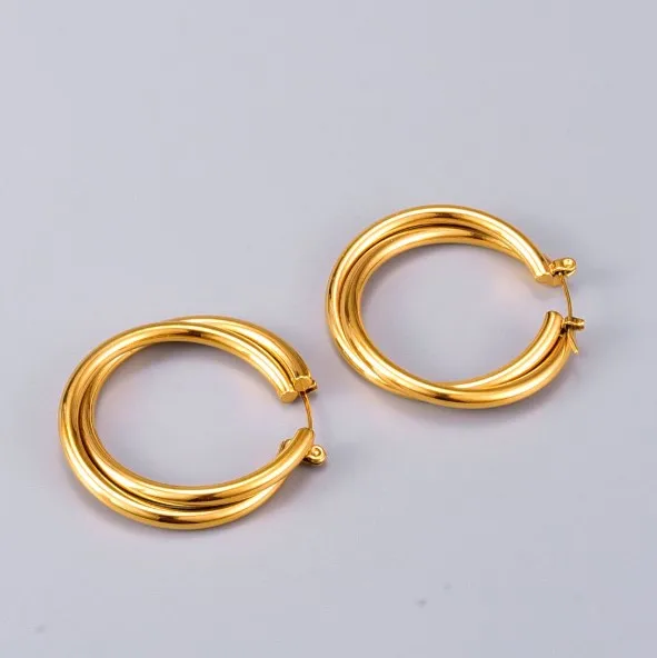 

Hiphop Double Layer Gold Plated Hoop Earring Stainless Steel Jewelry