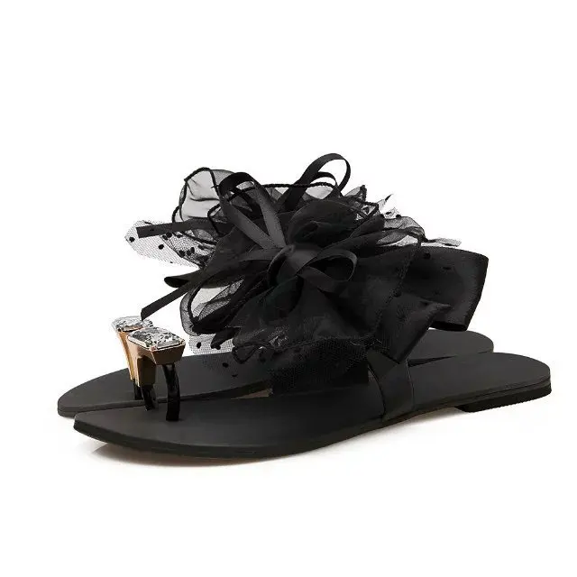 

Fashion Street Ladies Summer Slippers Solid Color Rhinestone Lace Bow Ladies Flat Slippers