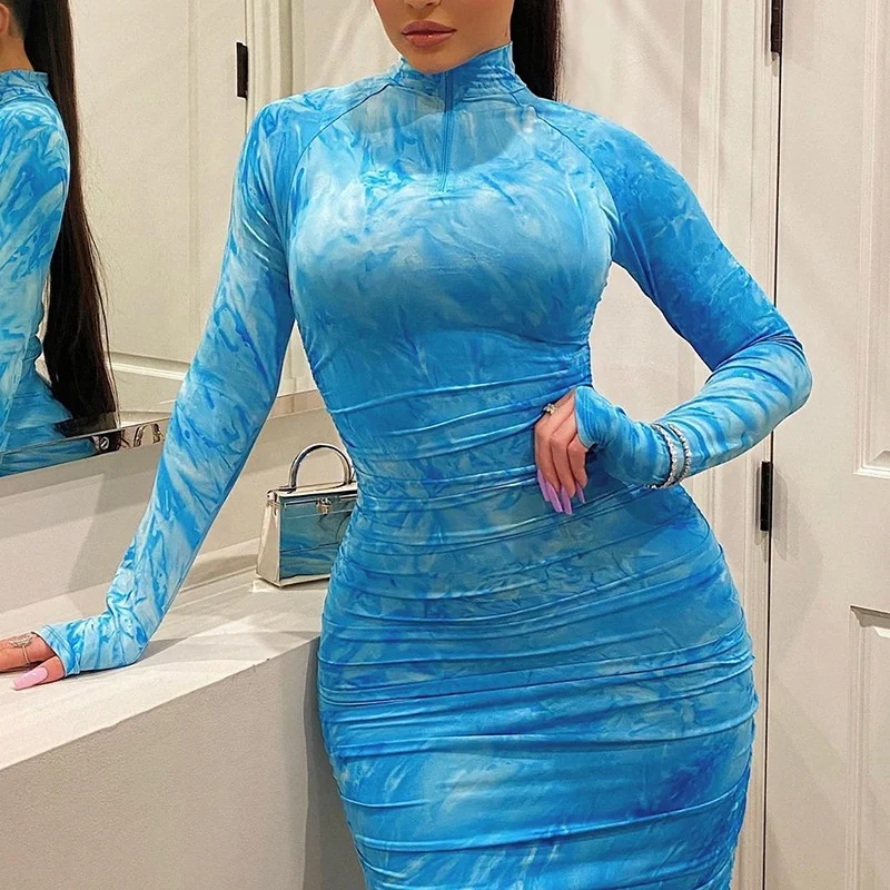 

Yingchchao 2020 Hot Sell Fashion Pad Dyeing Print Sex Long Sleeve Medium Length Bodycon Dress Night Wear Sexy Women Dress