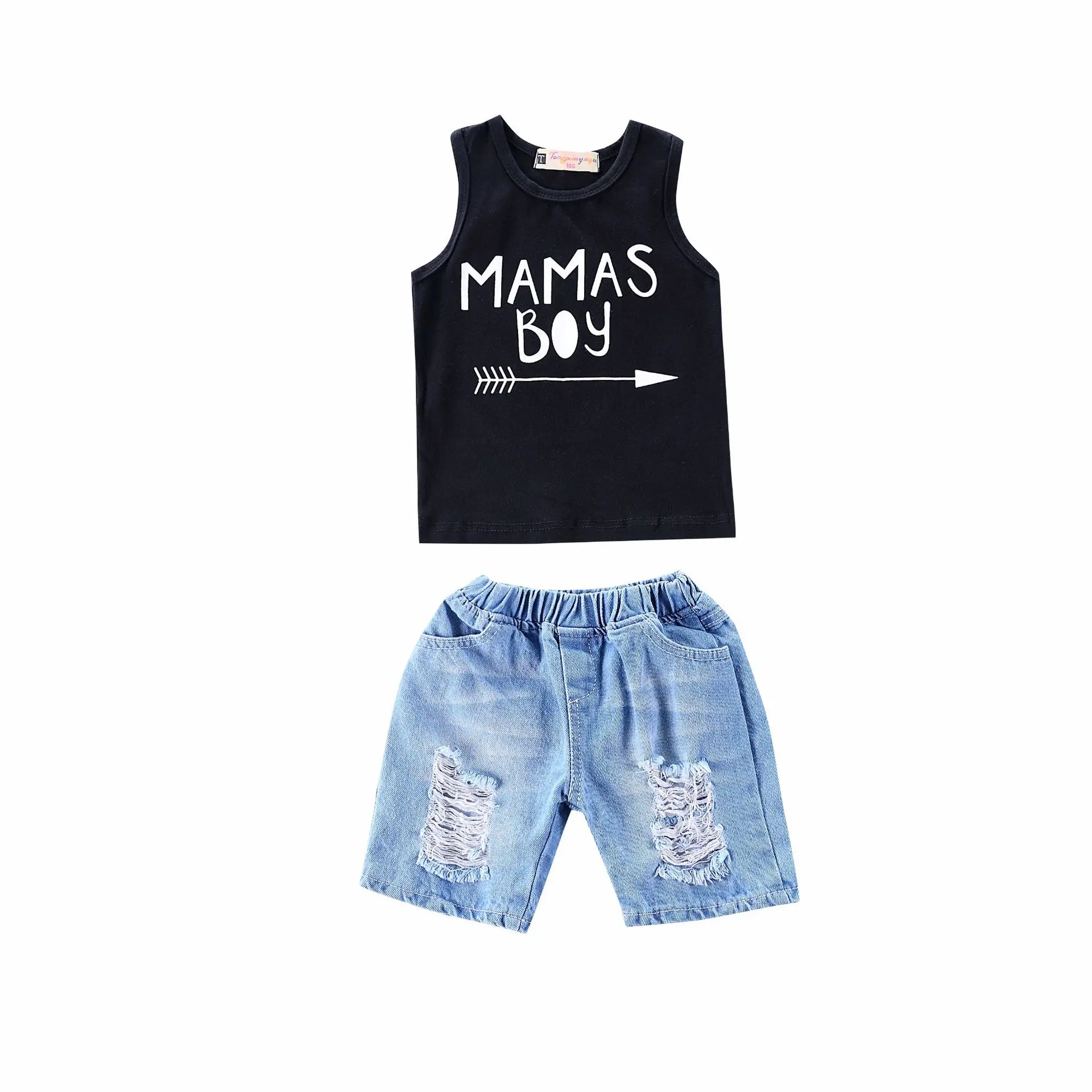 

Hot Selling Boy Letter Print Knit Vest Denim Shorts 2pcs Set
