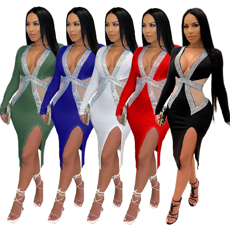 

RTS (0.55) M2954 Women's deep V-neck mesh ironing tight buttocks plus size sexy evening dress