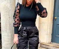 

Women's Sheer Mesh See-through Blouse 2019 New Fashion Elegant Slim Polka Dot Puff Long Sleeve Tops Shirt Turtleneck Fall Blouse
