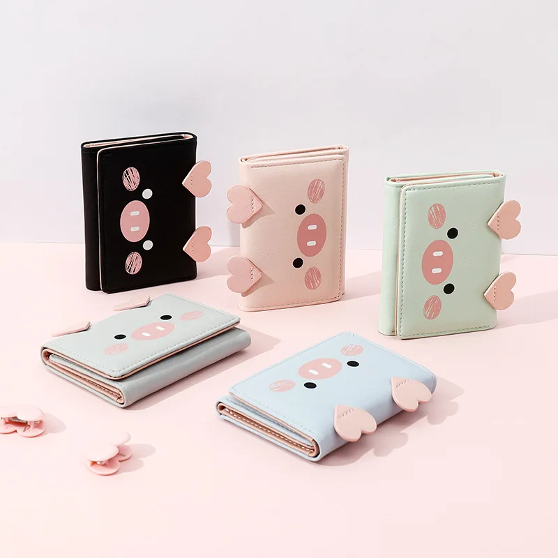 

Cartoon cute pig shape women minimalist wallet with three discount fashion buckle ladies card wallet for wom 2020