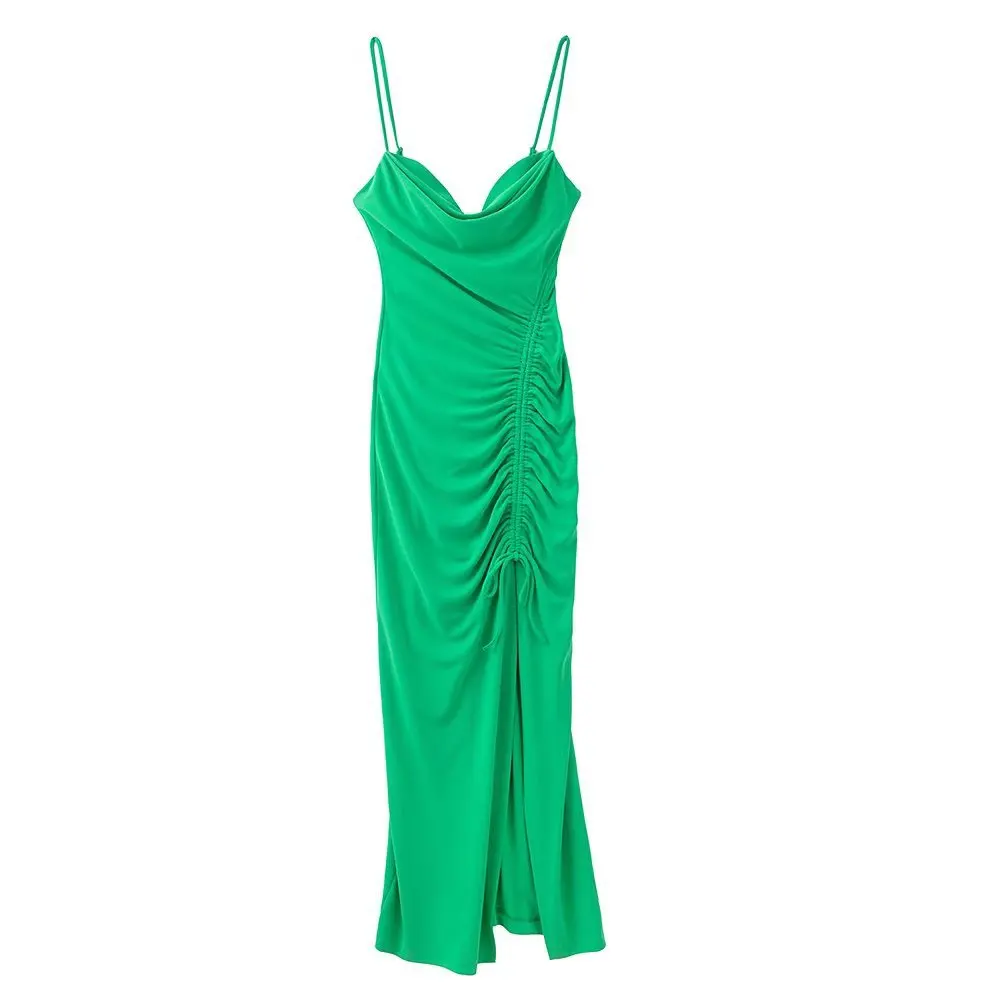 

2022 Summer Green Sexy Sleeveless V Neck Bodycon Maxi Slit Party Night Dress For Women, 1 color