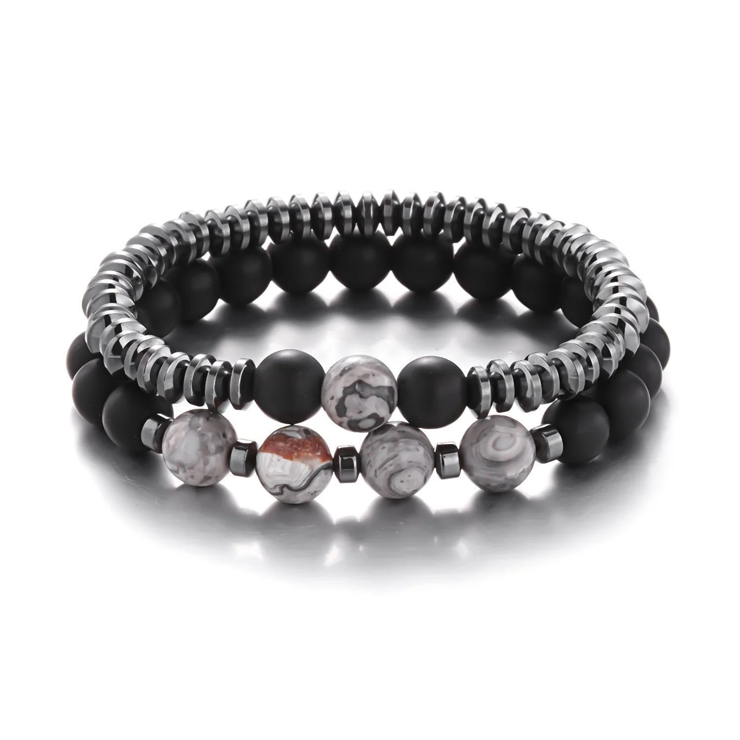 8MM 2PC /set Hematite Men Bracelet Frosted Stone Combination Beaded Men's Bracelet