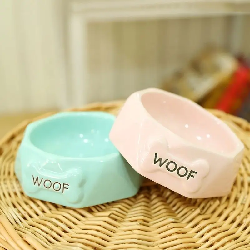 

Creative Letter Pattern Bone Shape Round Ceramic Pet Bowl Dog Pot Pet Drinking Bowl, Solid color