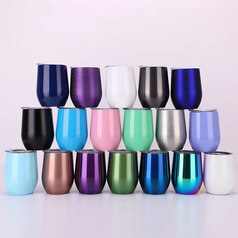 

Seaygift wholesale custom logo promotion gifts 12oz egg U shape 304 stainless steel double walled insulated stemless wine glass, Black/pink/blue