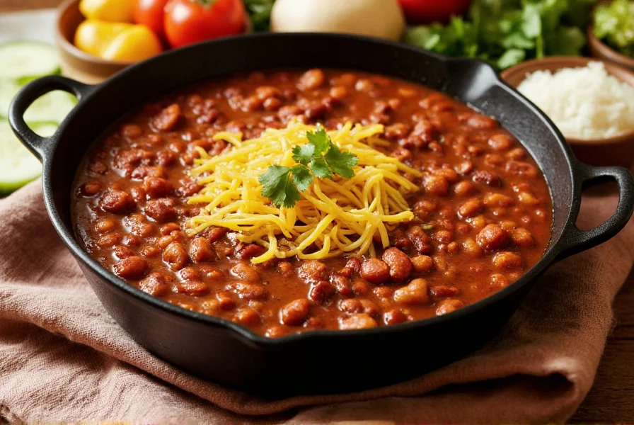 Quick and easy chili recipe in a cast iron pot with ingredients arranged around it