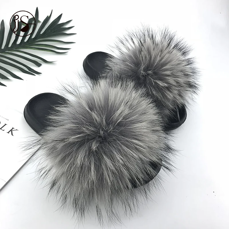 

2021 Hot sales women furry sandals Exquisite real big raccoon fur slippers Plush Various Styles fur slides for ladies, Picture
