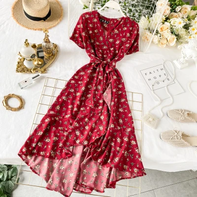 

Women Vintage Floral Printed Irregular Midi Dress With Belt