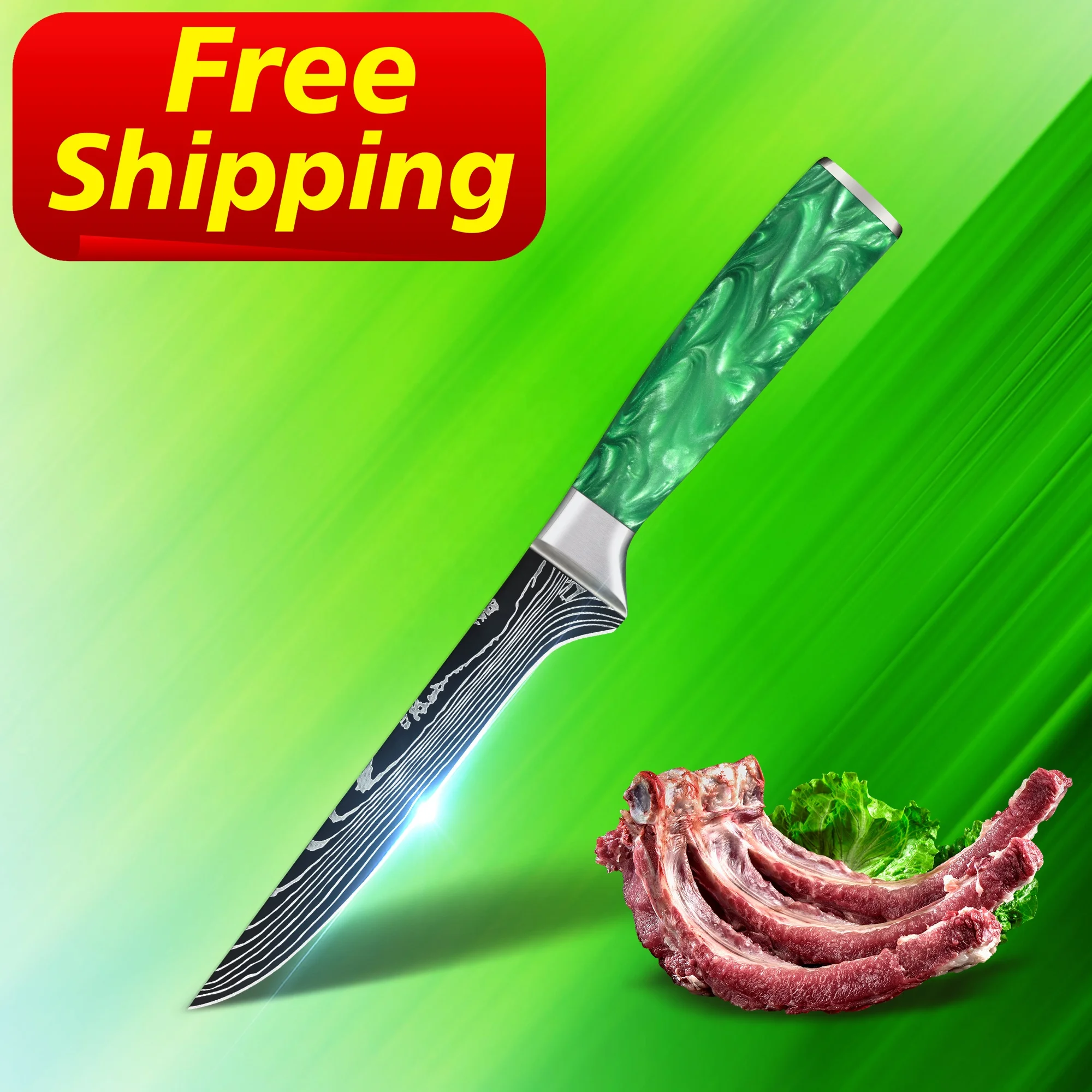 

Free Shipping Jadeite Green Resin 6 inch boning knife damascus free shipping stainless steel boning knife curved boning knife, Customized color