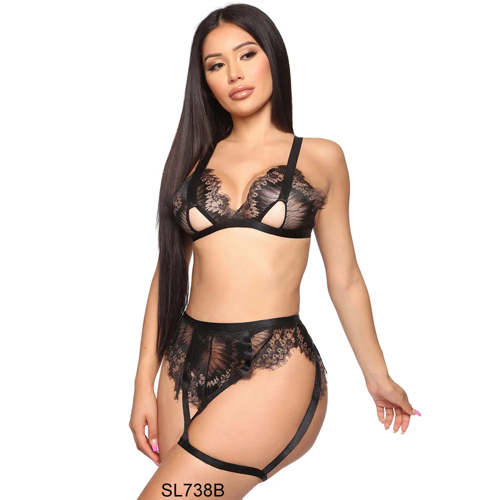 

2021 new sexy Lace lingerie female sexy nightsuit hollow-out see-through bra set garters women sexy underwear three-piece