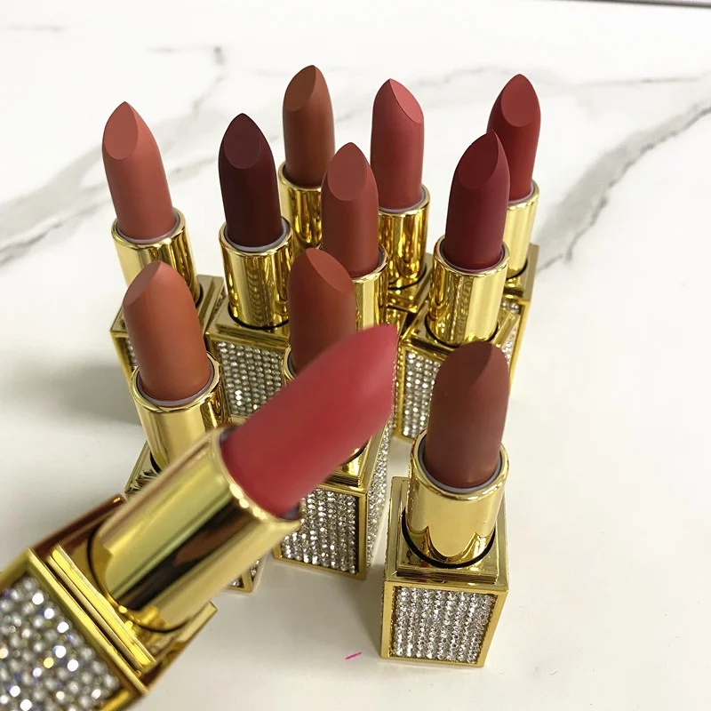 

New Popular Design Diamond Lipstick Customized Logo Private Label Matte Velvet Lipstick Vanilla Taste Waterproof Vegan Lipstick