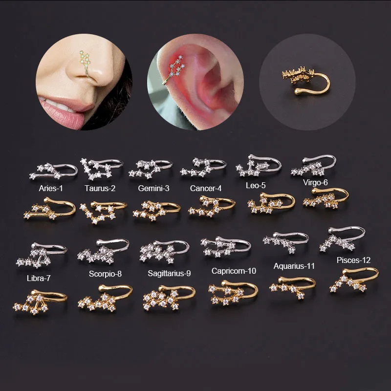 

POENNIS ear cuff clip nose ring piercing body jewelry silver gold plated zircon 12 zodiac nose cuff nose ring