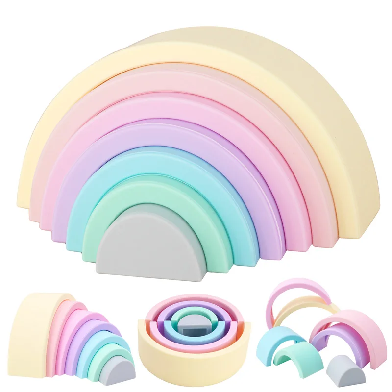 

New Arrival Amazon newBorn Gift Silicone Rain bow shape toys Wholesale Organic Baby Eco-friendly Baby waterproof Silicone toys