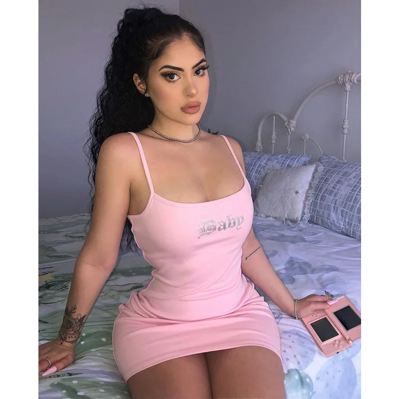 

Street Wears Sexy Letter Rhinestone Pink Bodycon Tight Fitting Camisole High Quality skirts for teens long skirt with slit, Customized color