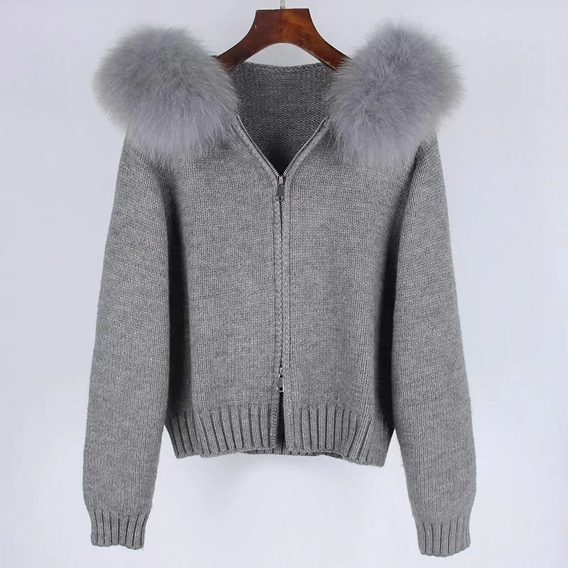Ladies Slim2022 Fleece Winter Short Fox Fur Coat Warm  Puff Sleeve Jacket Knitted Real Fur Sweater Cardigan for Women