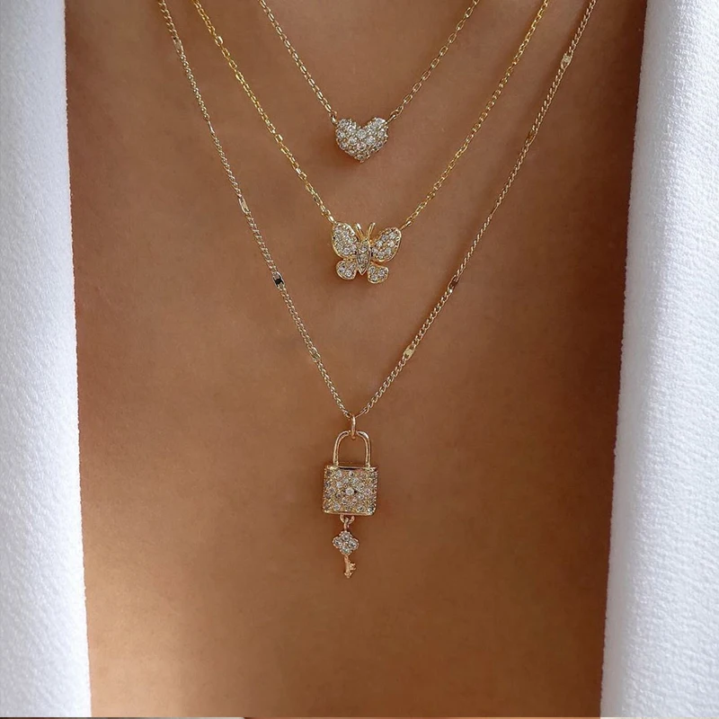 

women gold plated link chain choker moon star disc heart butterfly pendant multi layered necklace, Gold, silver