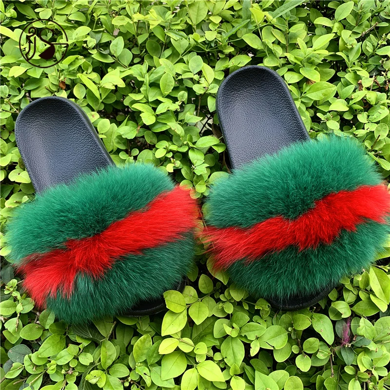 

2021 Summer Custom genuine women footwear colorful shoes fox fur slides slippers, Picture