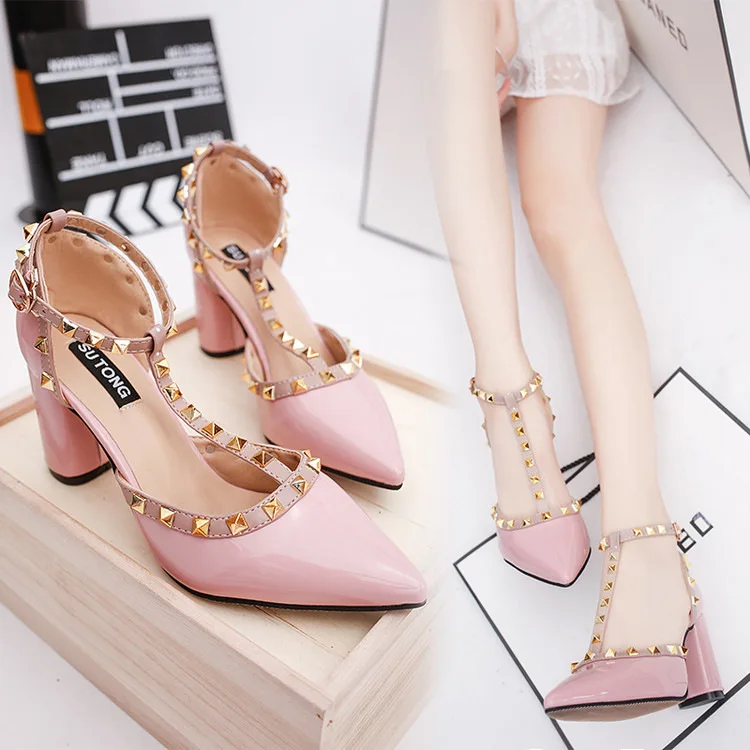 

Women Summer Square Sole Thick High Heels Pointed Toe Rivets Heel Shoes Ankle Wrap Buckle Block Heels Closed Toe Sandals