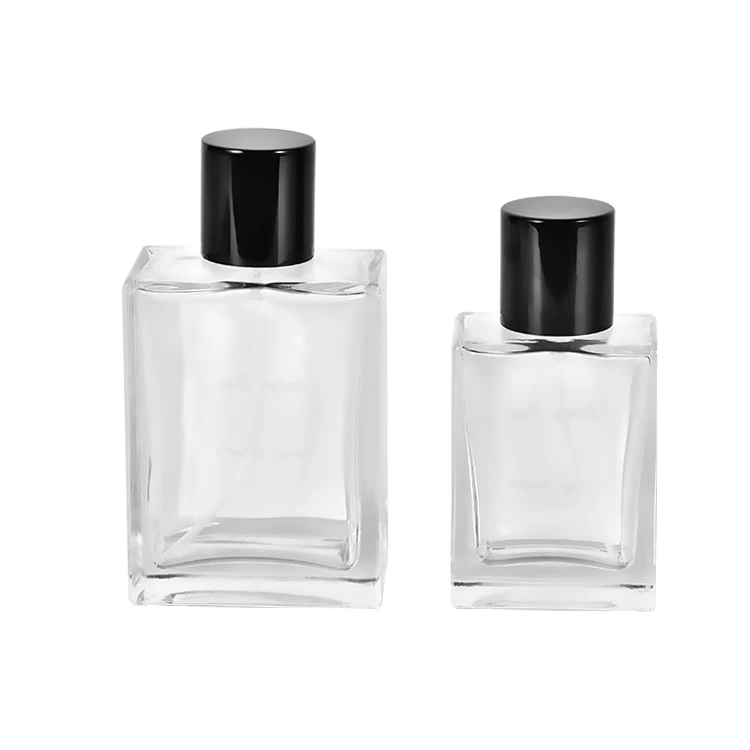 

New Design 50ml 100ml Empty Silver Sprayer Clear Flat Rectangle Luxury Cosmetic Perfume Spray Glass Bottle with Black Cap