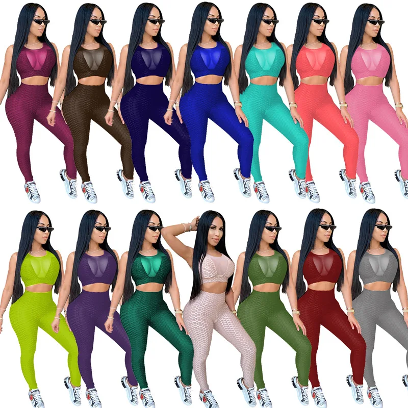 

New foreign trade large women's clothing popular tight perspective sexy sleeveless yoga exercise set
