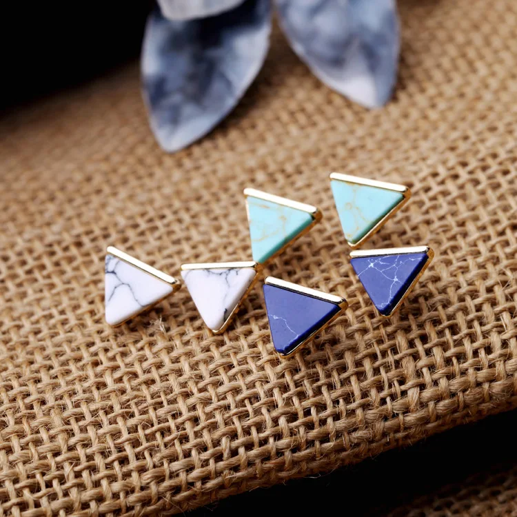 

2021 Fashion Gold Vintage Gold Plated Minimalist Geometric Rectangle Triangle Marble Natural Stone Stud Earrings, As pic