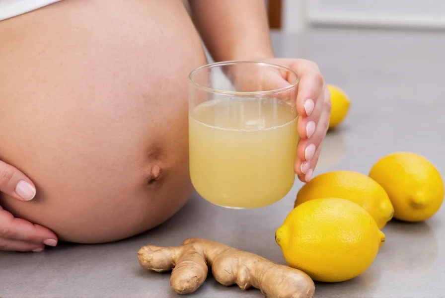 Pregnant woman holding a mug of lemon ginger tea with fresh ingredients nearby