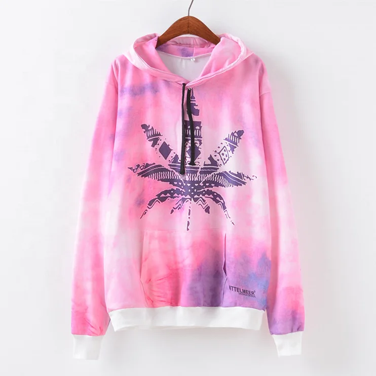 

2020 Fashion Girl Pink Pullover Maple Leaf Double Sided Tie Dye Cap Rope Hoodie, Pink hoodies in pink