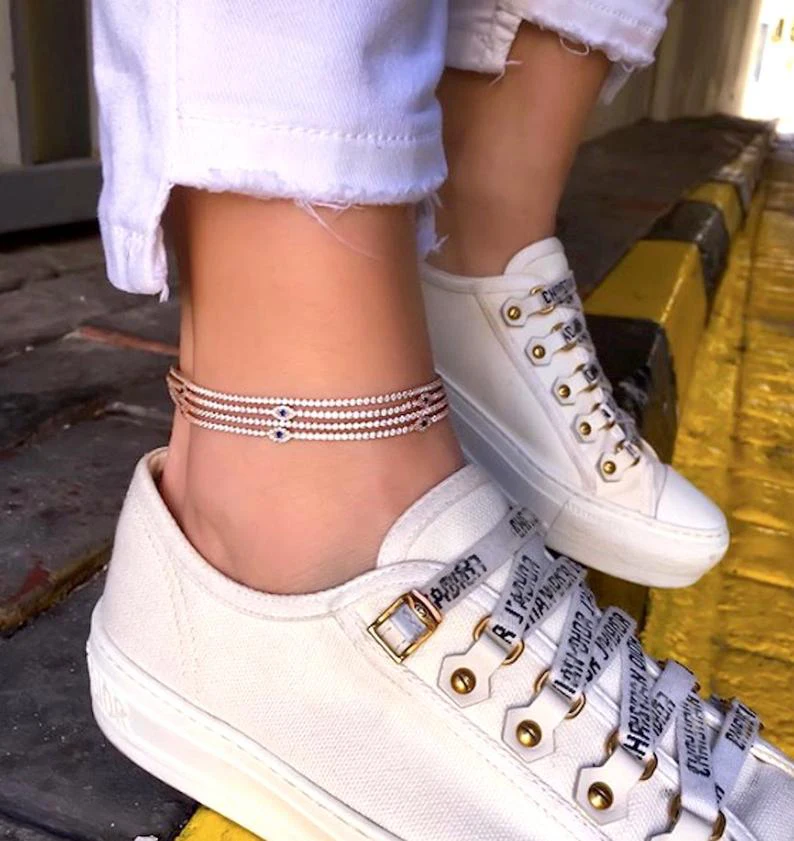 

rose gold plated simple women jewelry evil eye charm tennis cz chain anklet