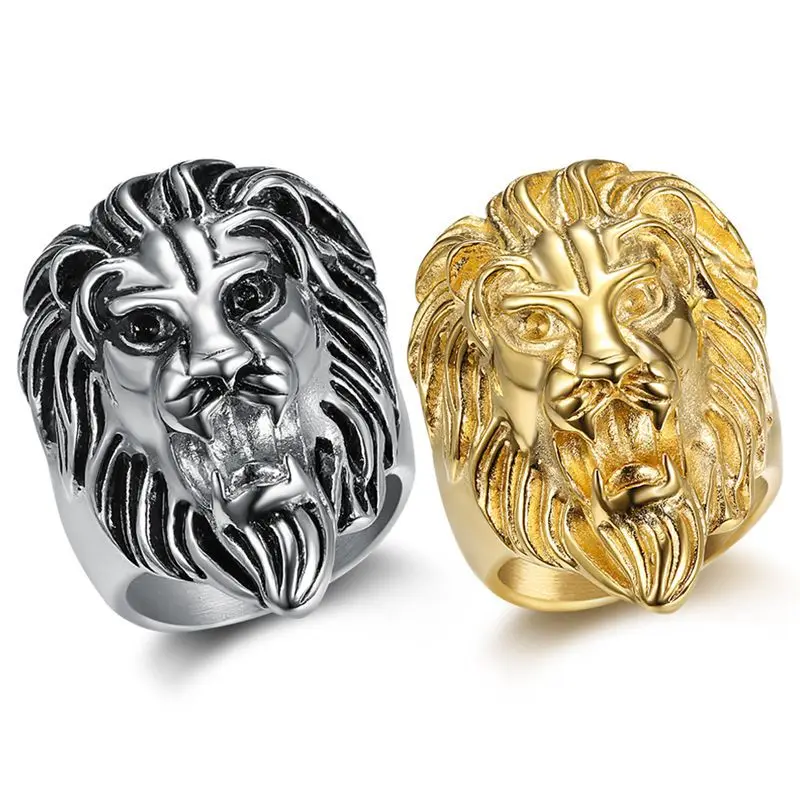 

316 Stainless Steel Hip Hop Lion Head Hand Polished Vacuum Gold Plated Men'S Ring