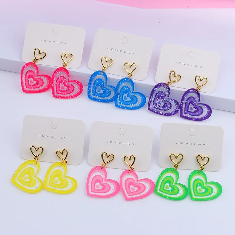 

SC Fashion Multilayer Acrylic Heart Dangle Earrings Korean Earrings 2022 Summer Candy Color Sequins Heart Earrings for Women, Yellow, green, purple, rose red, pink